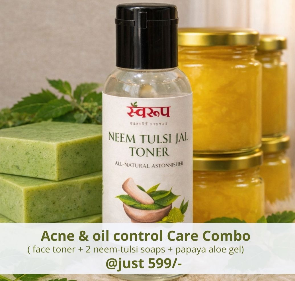 Natural acne and oily skin care combo with neem tulsi soap papaya aloe gel and herbal toner