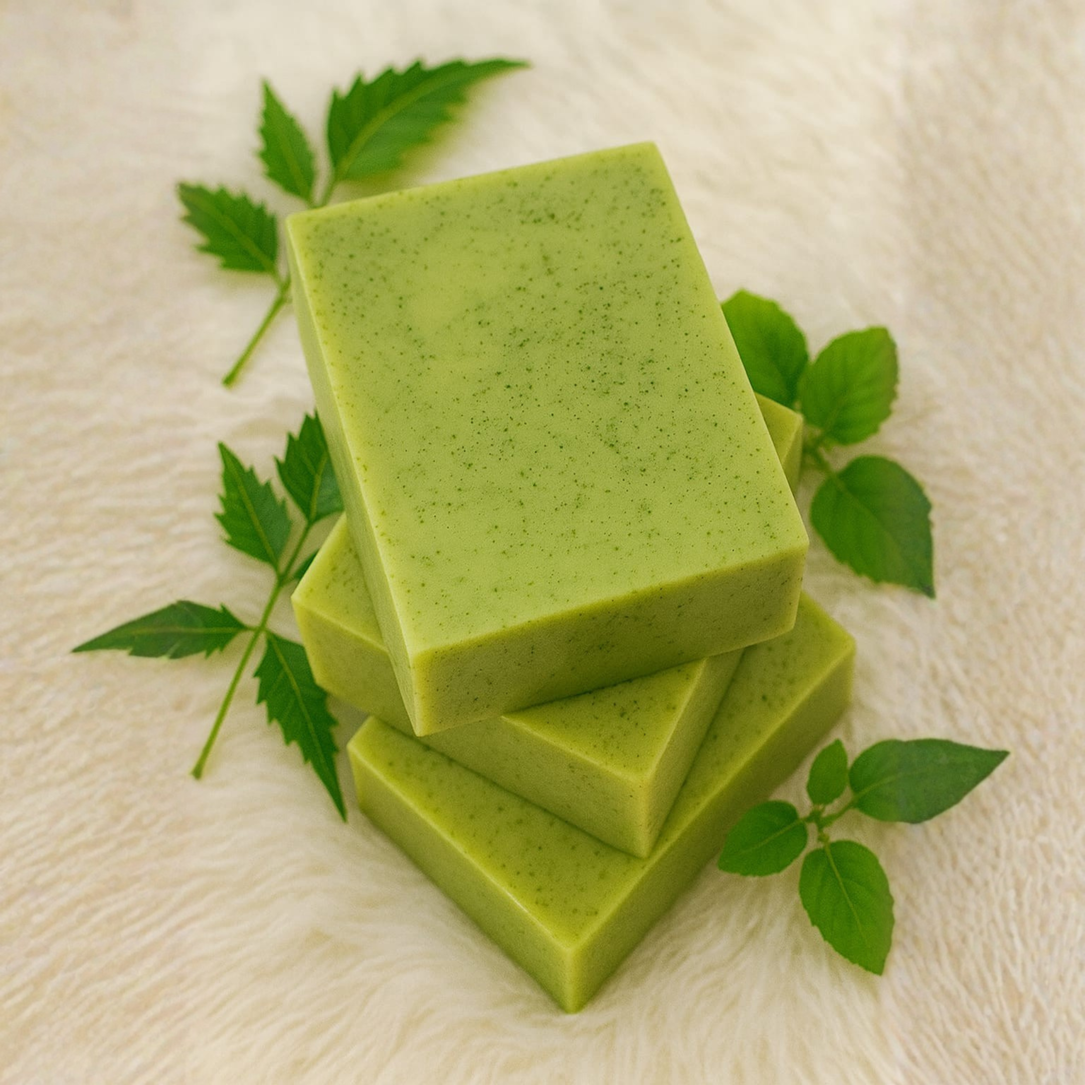 “Handcrafted Neem Tulsi Soap for oily and acne-prone skin made with natural extracts.”
